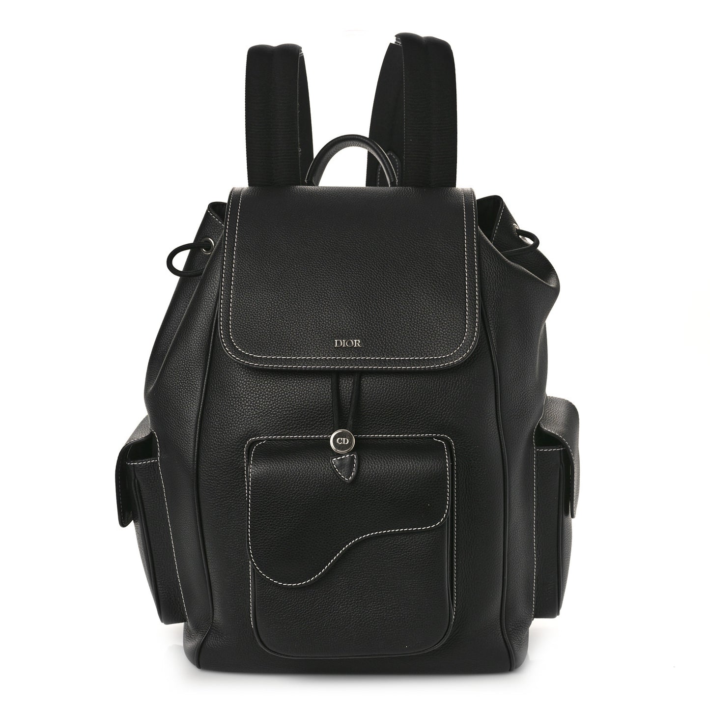 Grained Calfskin Saddle Drawstring Backpack Black