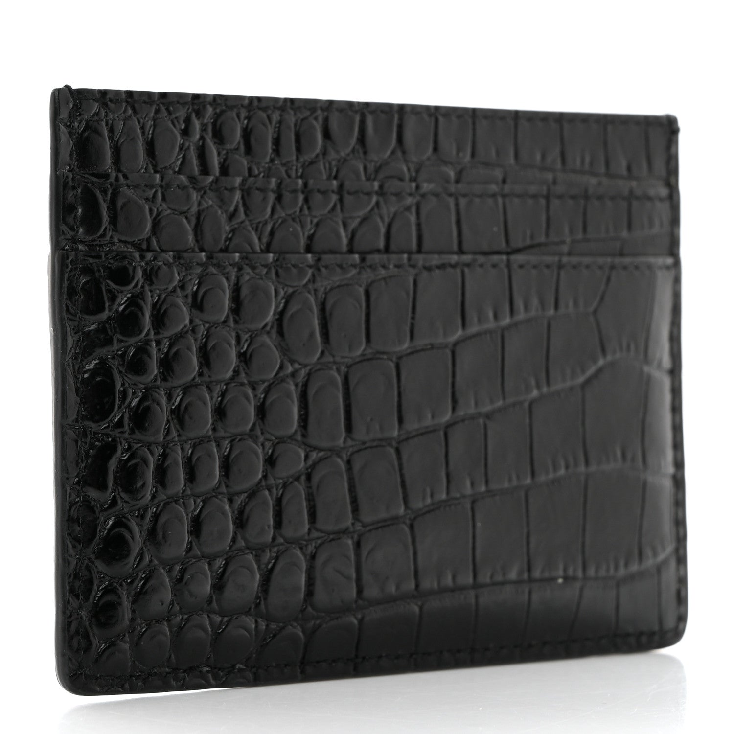 Saint Laurent Calfskin Crocodile Embossed Monogram Credit Card Case Black 3 of 7