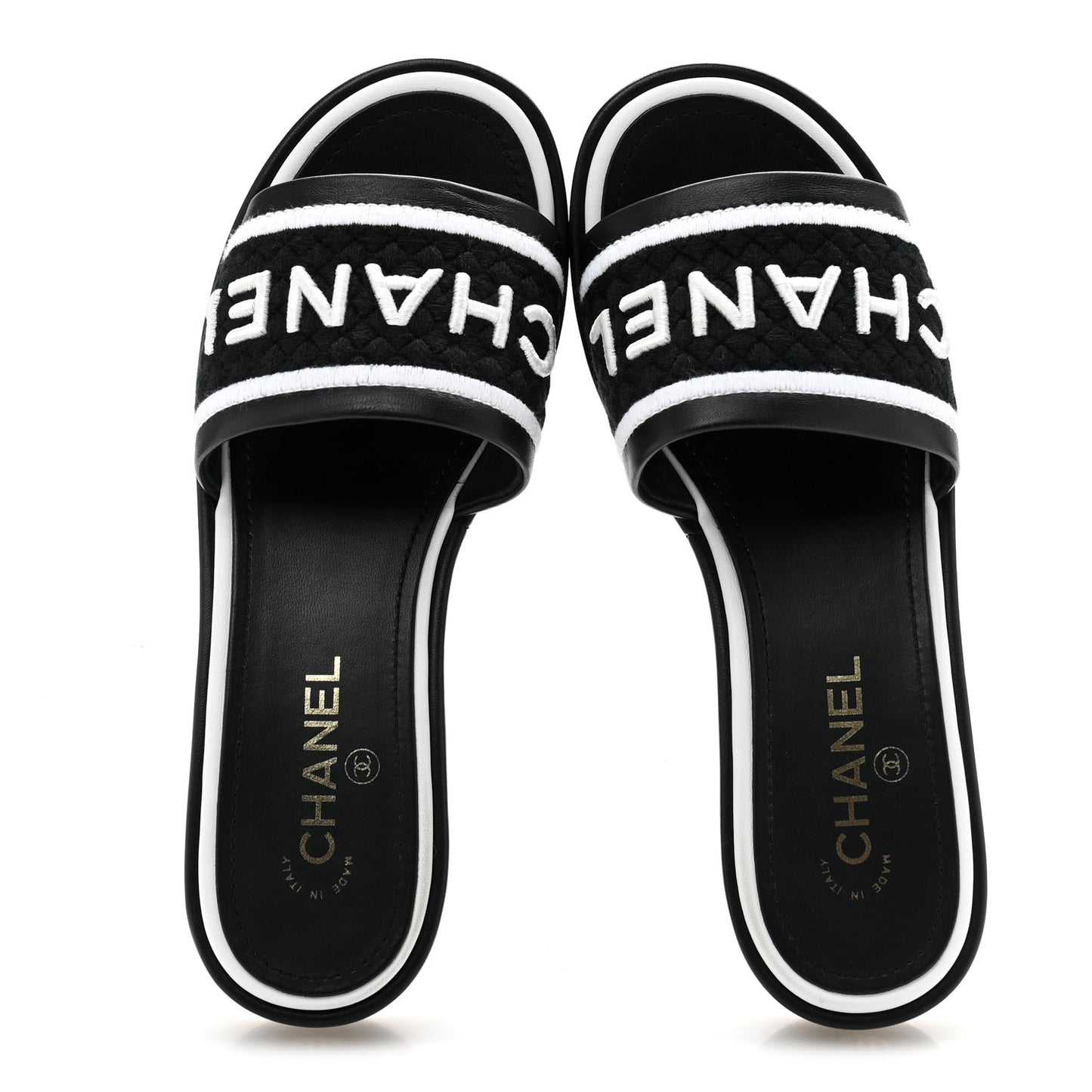 Lambskin Embroidered CC Mule Sandal 39.5 Black White
