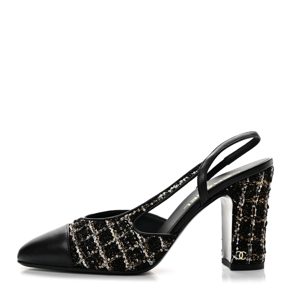 Chanel Glittered Wool Tweed Lambskin Cap Toe CC Slingback Pumps 40 Black White Gold 1 of 10