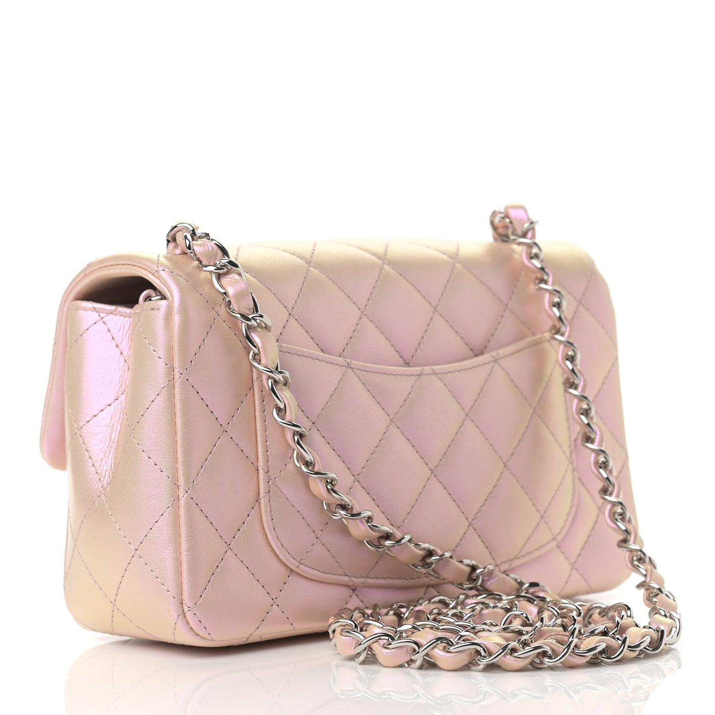 Iridescent Calfskin Quilted Mini Rectangular Flap Pink