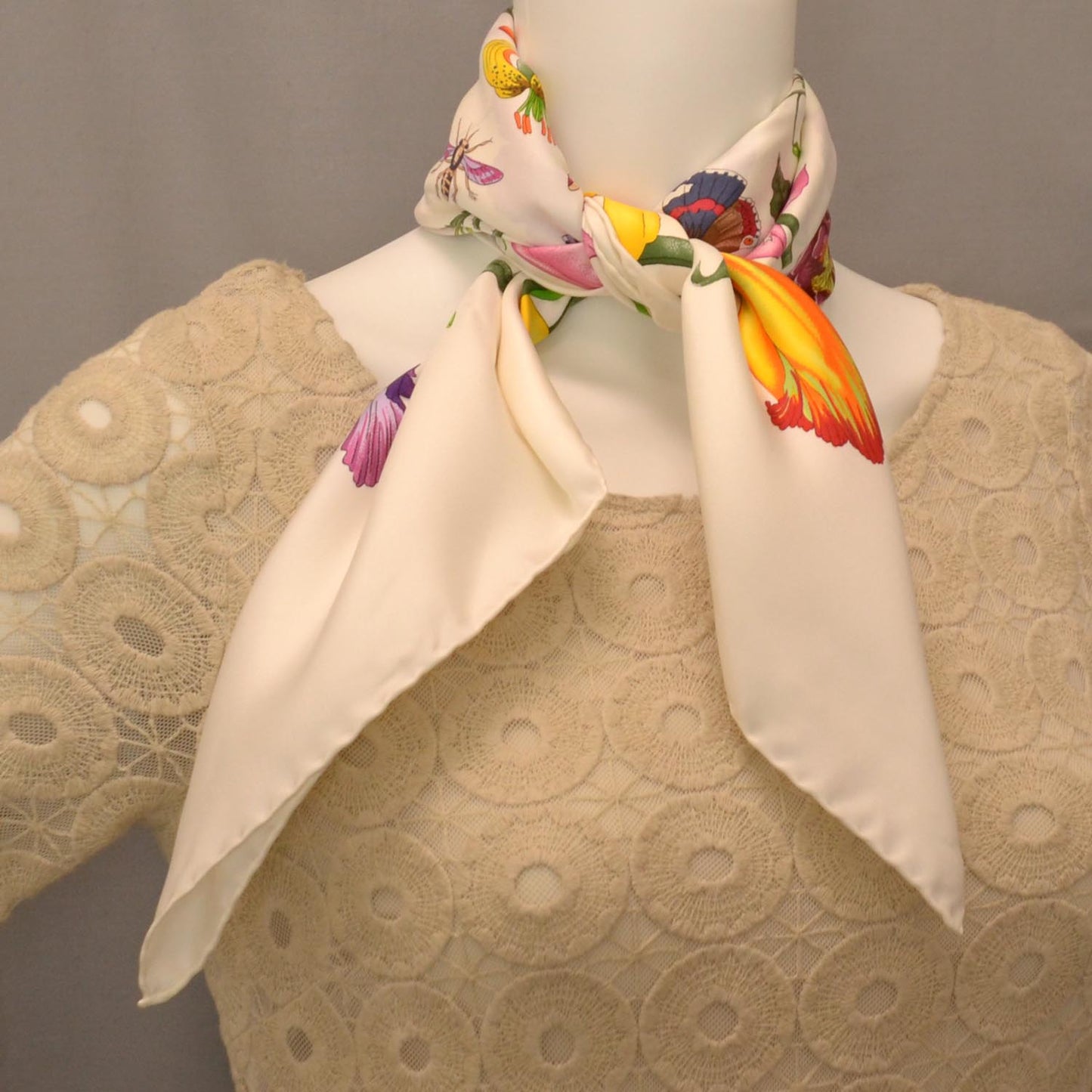 Silk Twill Flora Square Scarf White