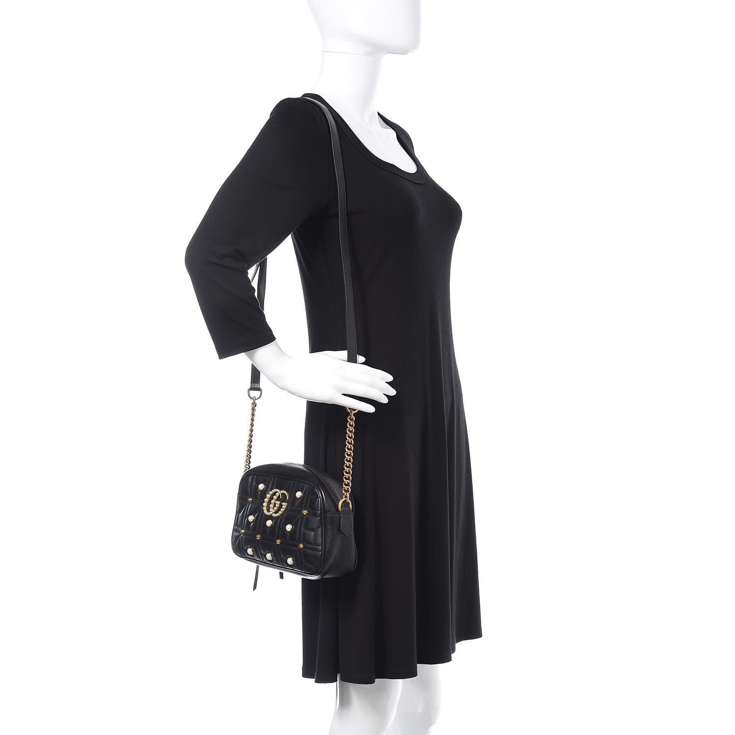Gucci Calfskin Matelasse Studded Small Pearly GG Marmont Chain Shoulder Bag Black 2 of 13