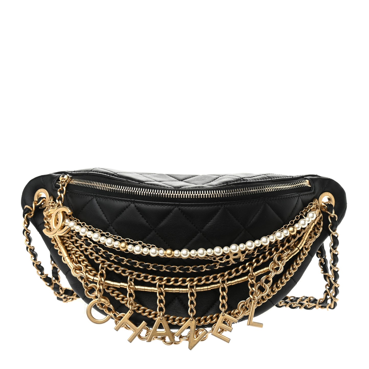 Lambskin Quilted All About Chains Waist Belt Bag Black