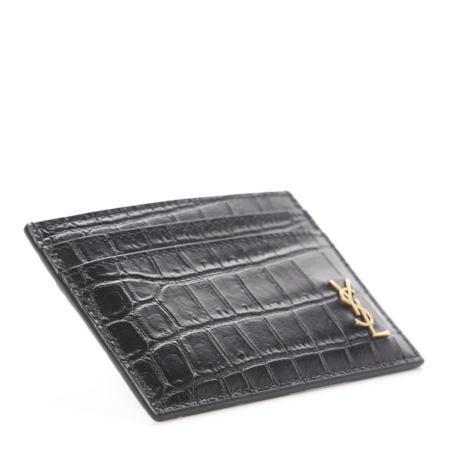 Calfskin Crocodile Embossed Monogram Tiny Cassandra Credit Card Case Black
