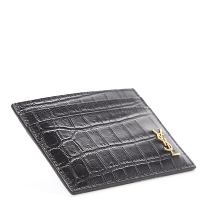 Saint Laurent Calfskin Crocodile Embossed Monogram Tiny Cassandra Credit Card Case Black 3 of 6