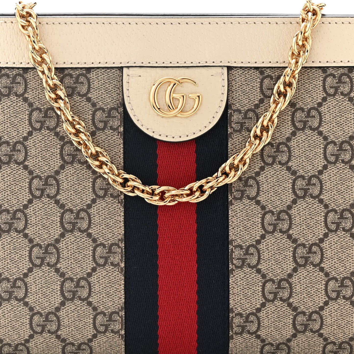 GG Supreme Monogram Textured Calfskin Web Small Ophidia Chain Shoulder Bag Beige Ebony Mystic White