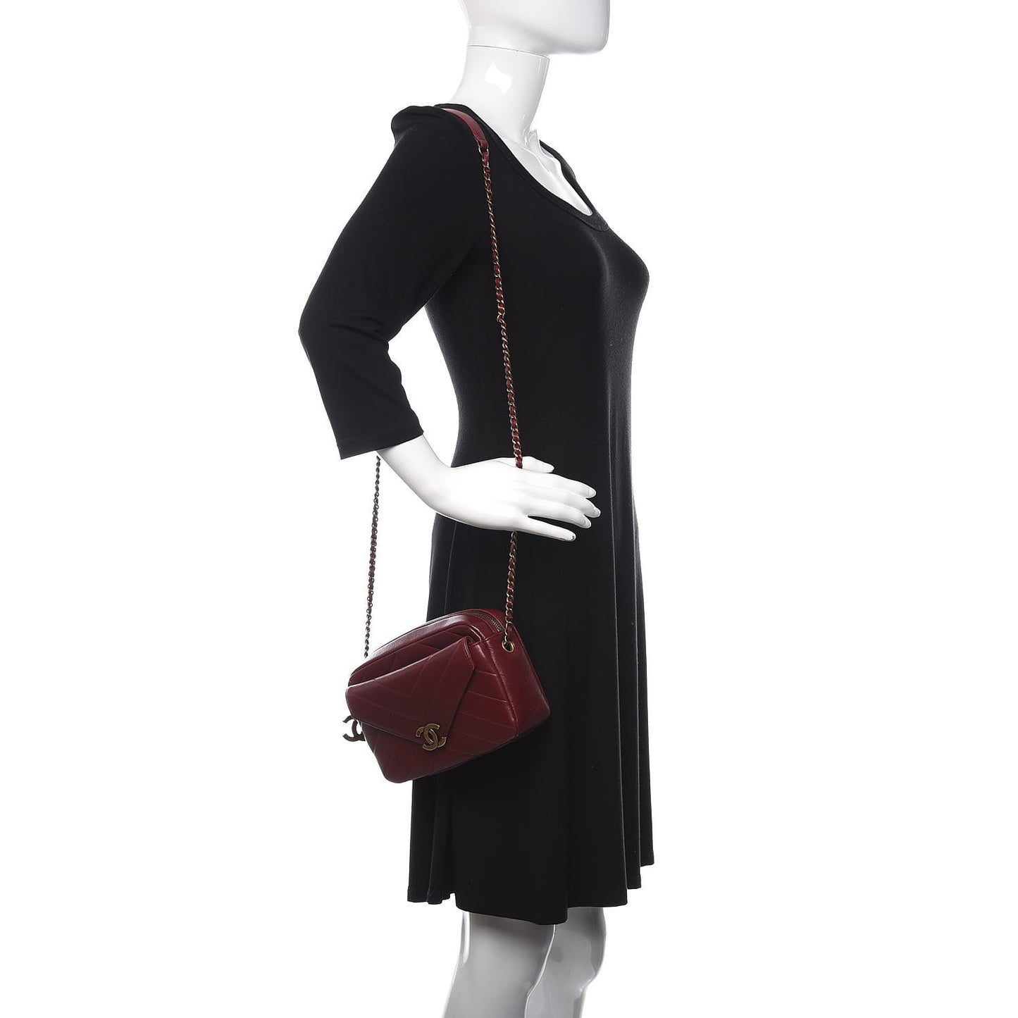 Shiny Lambskin Chevron Stitched Small Coco Camera Case Bag Burgundy