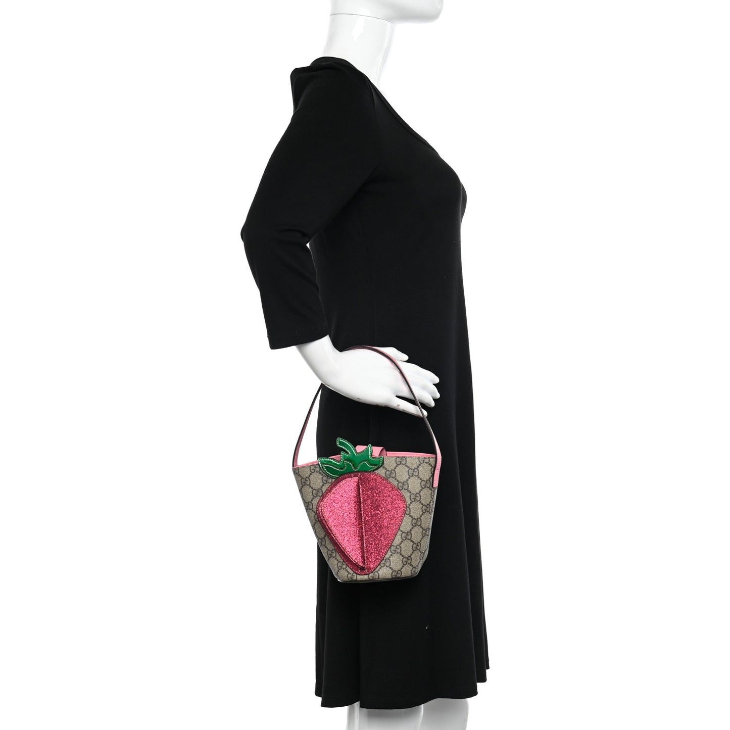 GG Supreme Monogram 3-D Strawberry Childrens Bucket Tote Beige Ebony Lotus Pink Fuxia Emerald