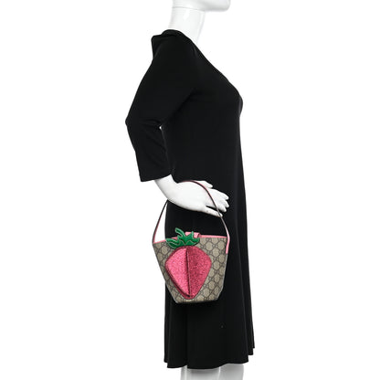 Gucci GG Supreme Monogram 3-D Strawberry Childrens Bucket Tote Beige Ebony Lotus Pink Fuxia Emerald 2 of 12