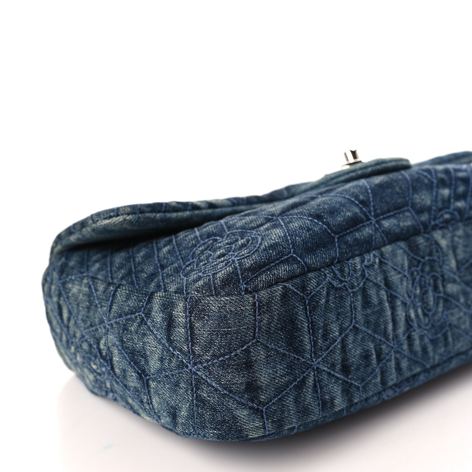 Chanel Denim Quilted Camellia Embroidered Medium Flap Blue 8 of 9