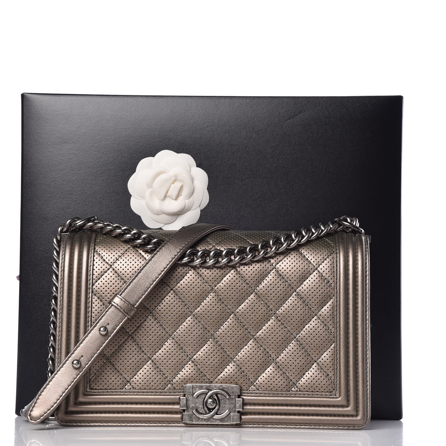 Chanel Metallic Lambskin Perforated New Medium Boy Flap Dark Silver 10 of 10