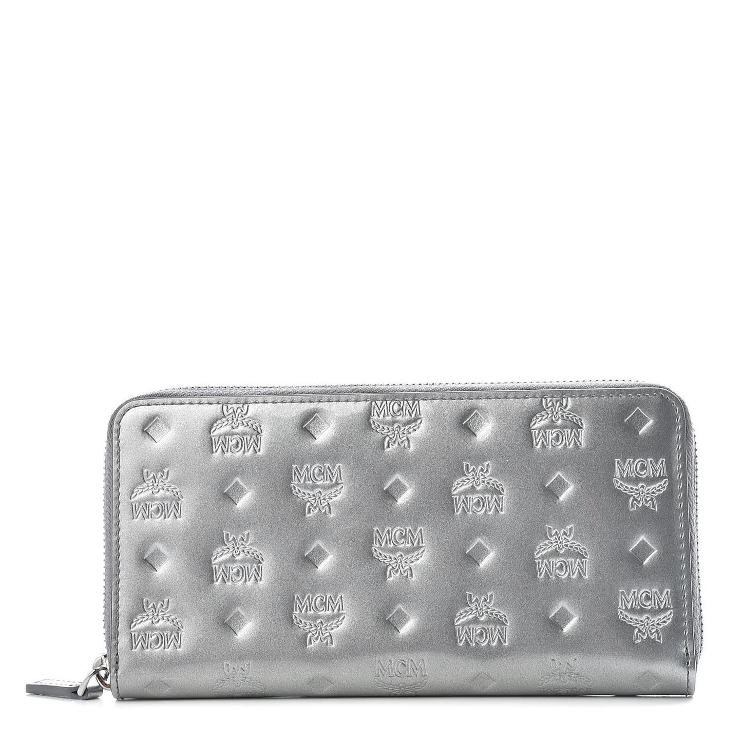 Metallic Monogram Patent Large Zip Around Wallet Silver