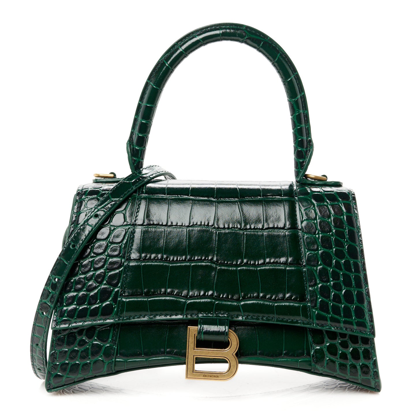Shiny Calfskin Crocodile Embossed Small Hourglass Top Handle Bag Forest Green
