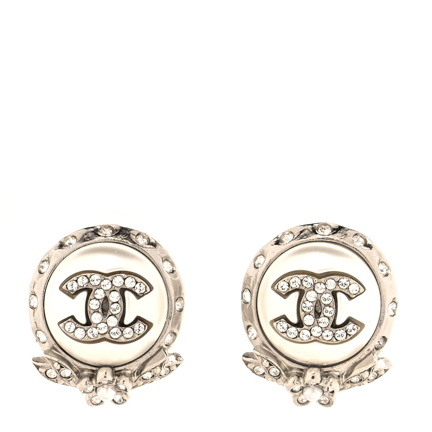 Pearl Crystal Flower CC Round Earrings Gold