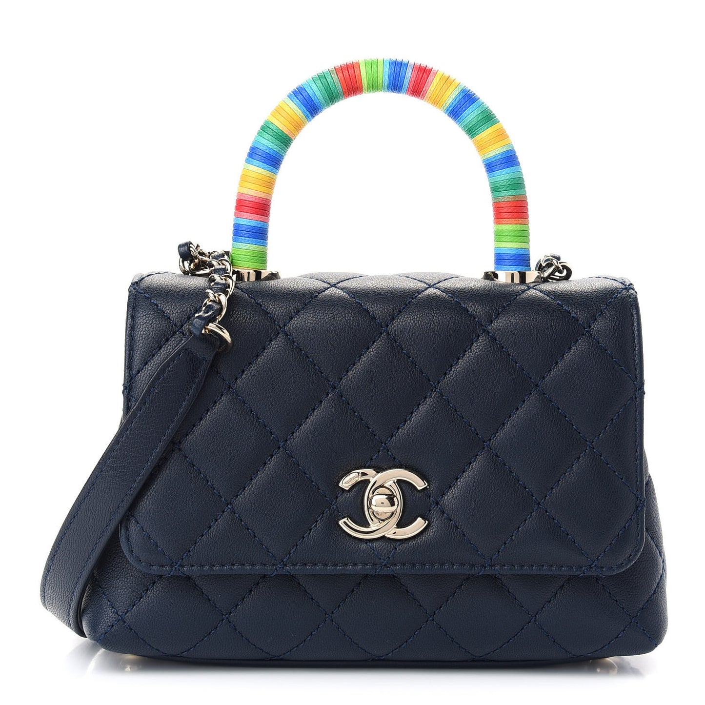Goatskin Quilted Extra Mini Rainbow Coco Handle Flap Navy Blue