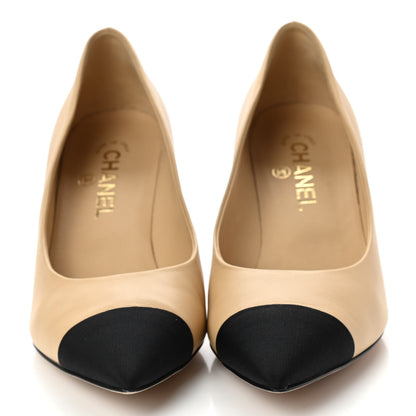 Chanel Lambskin Grosgrain Cap Toe CC Pumps 40 Beige Black 2 of 8