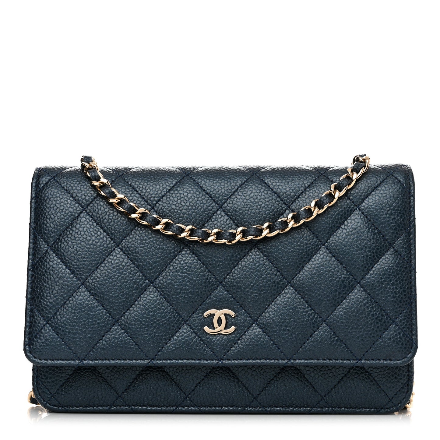 Iridescent Caviar Quilted Wallet on Chain WOC Blue