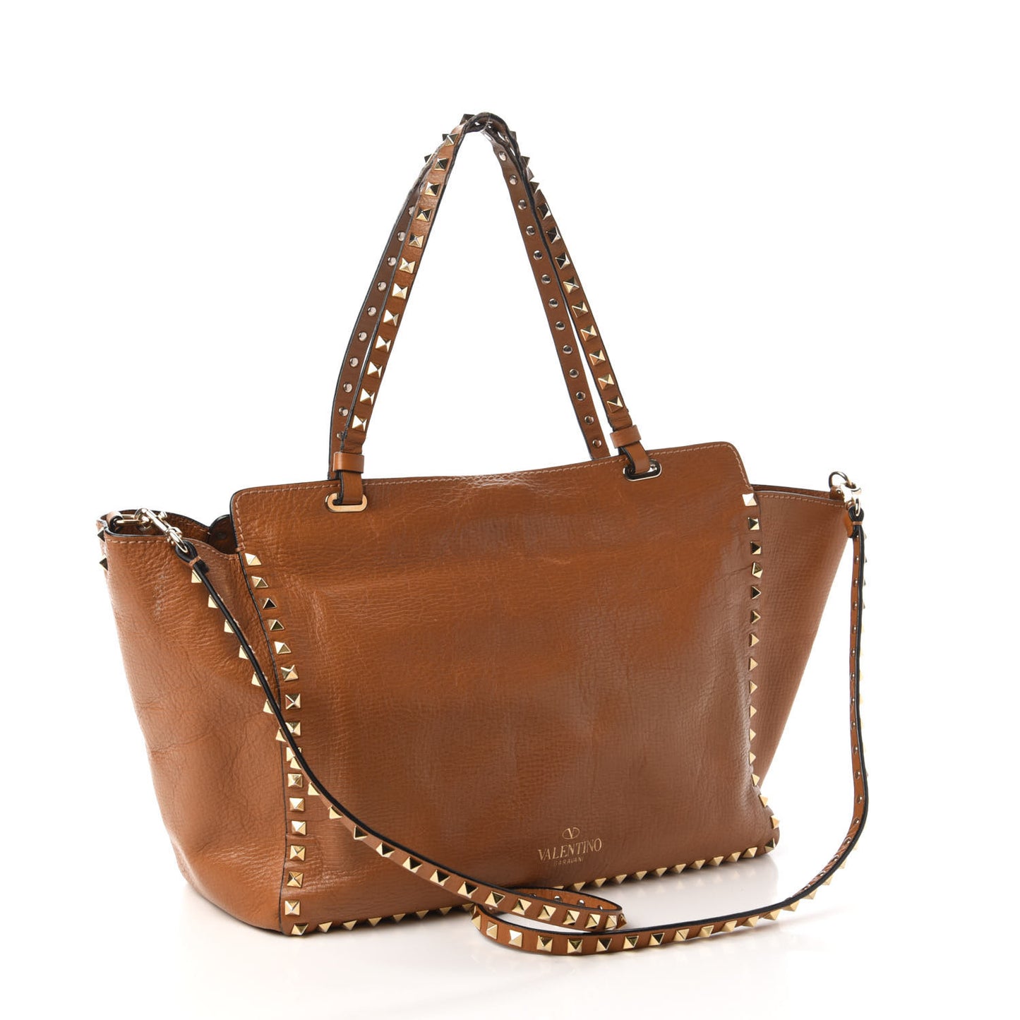 Textured Calfskin Medium Rockstud Tote Camel