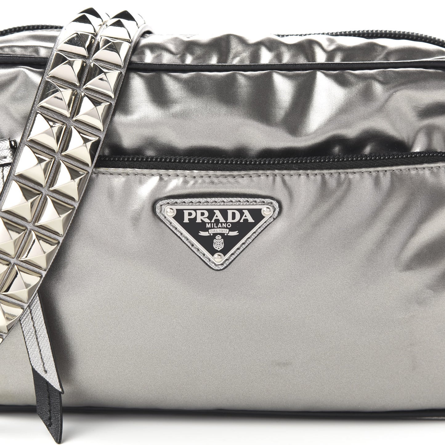 Metallic Tessuto Nylon Metal Studded Shoulder Bag Ferro Black