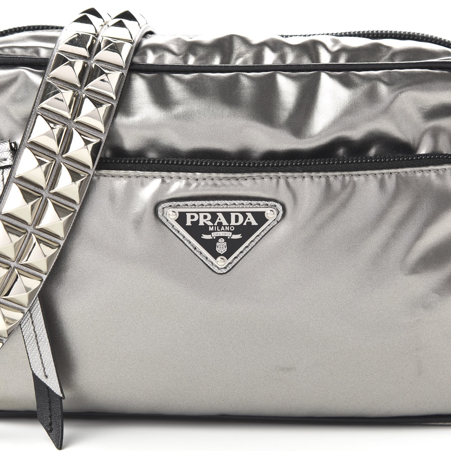 Prada Metallic Tessuto Nylon Metal Studded Shoulder Bag Ferro Black 9 of 9