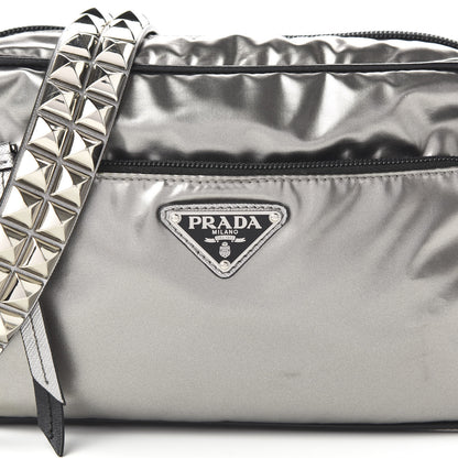 Prada Metallic Tessuto Nylon Metal Studded Shoulder Bag Ferro Black 9 of 9