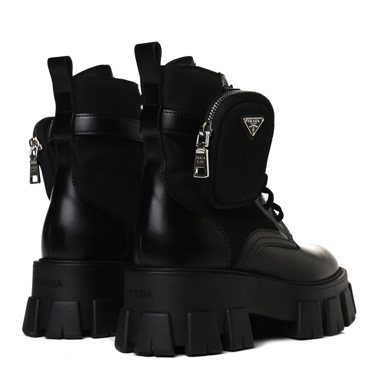 Prada Spazzolato Rois Nylon Metal Triangle Logo Monolith Pouch Pocket 55mm Boots 37.5 Black 4 of 15