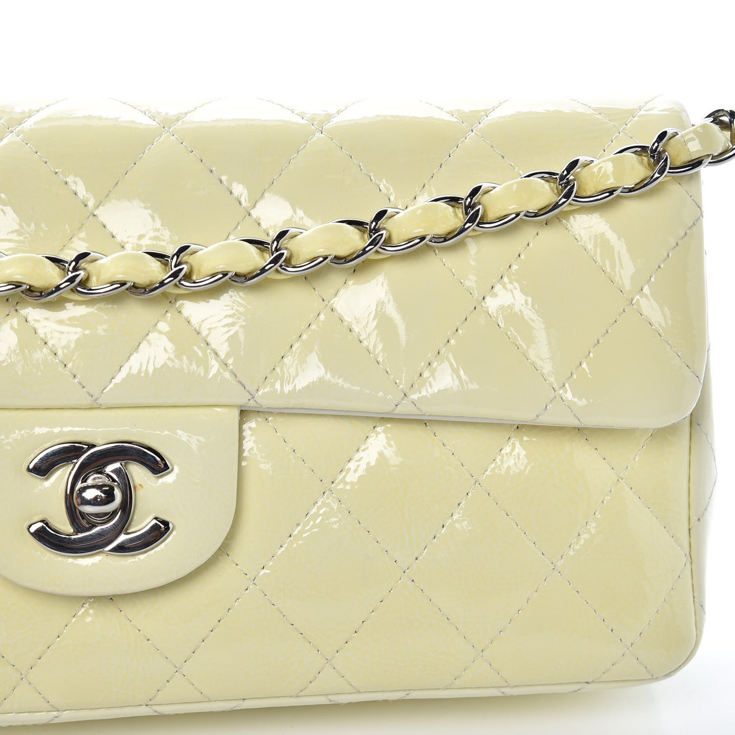 Distressed Patent Calfskin Quilted East West Flap Clutch Ivory