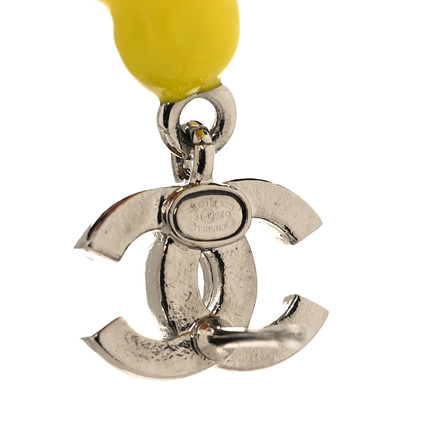 Chanel Metal Resin Strass Crystal CC Baby Chick Pendant Earrings Silver Yellow Orange 4 of 5
