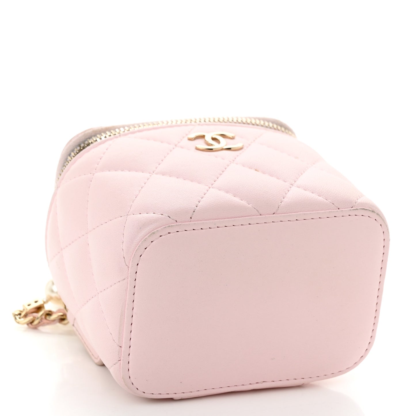 Lambskin Quilted Mini Vanity Case With Pearl Chain Light Pink