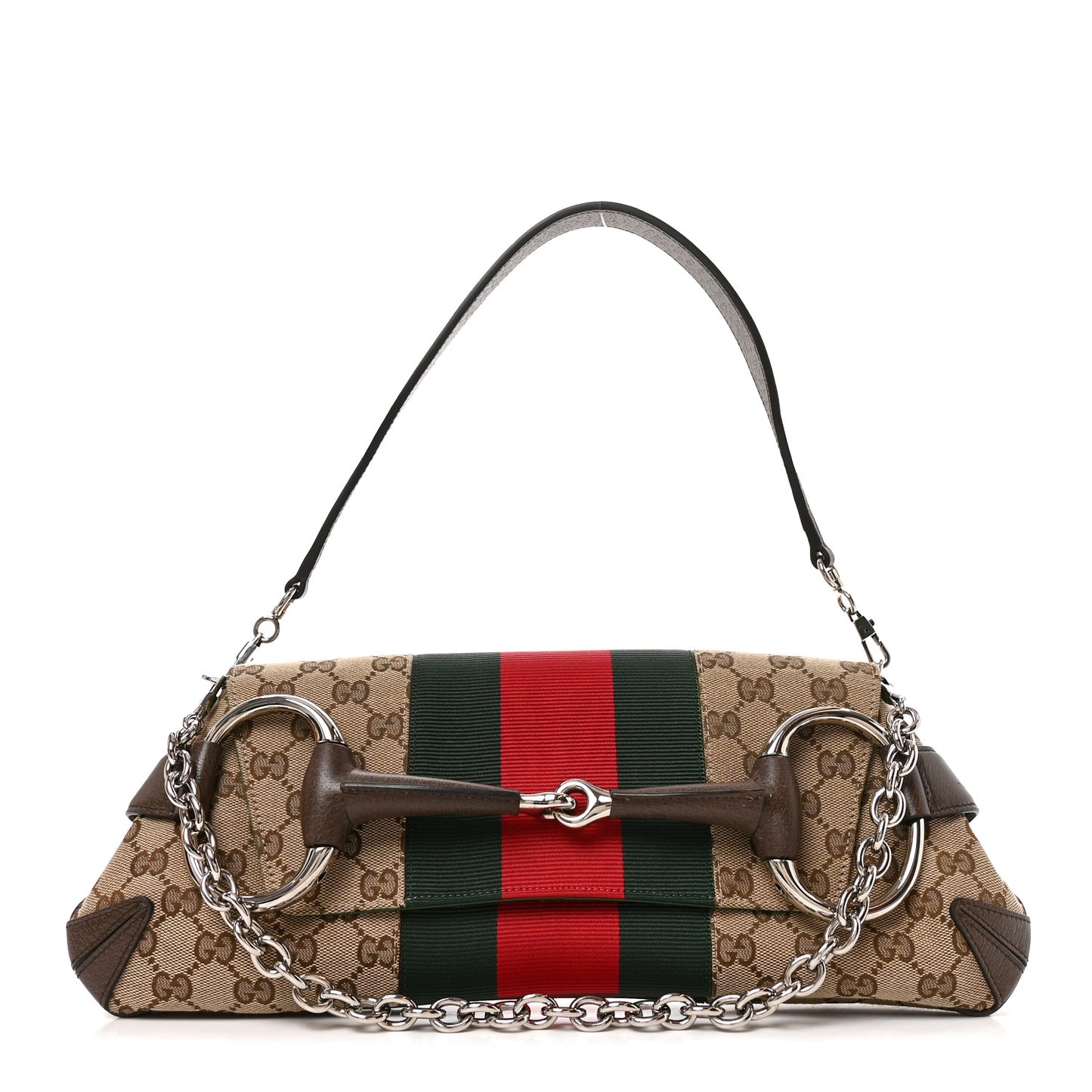 Monogram Textured Dollar Calfskin Heavy Grosgrain Web Medium Maxi Horsebit Chain Shoulder Bag Beige Ebony New Acero