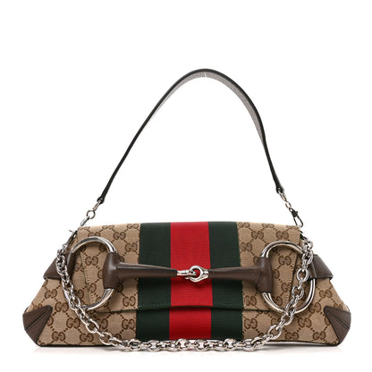 Gucci Monogram Textured Dollar Calfskin Heavy Grosgrain Web Medium Maxi Horsebit Chain Shoulder Bag Beige Ebony New Acero 1 of 10
