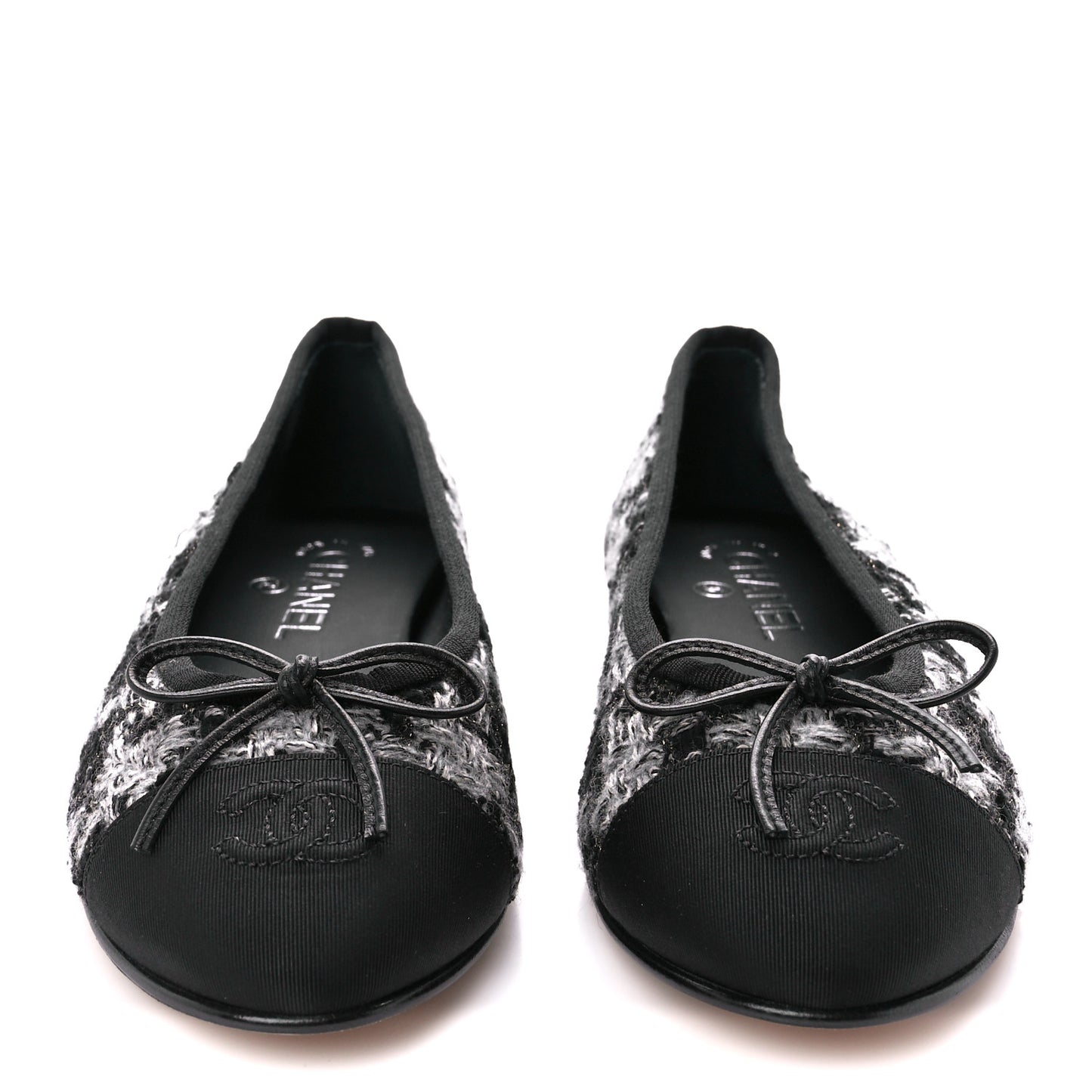 Tweed Grosgrain Cap Toe Ballerina Flats 38.5 Black White