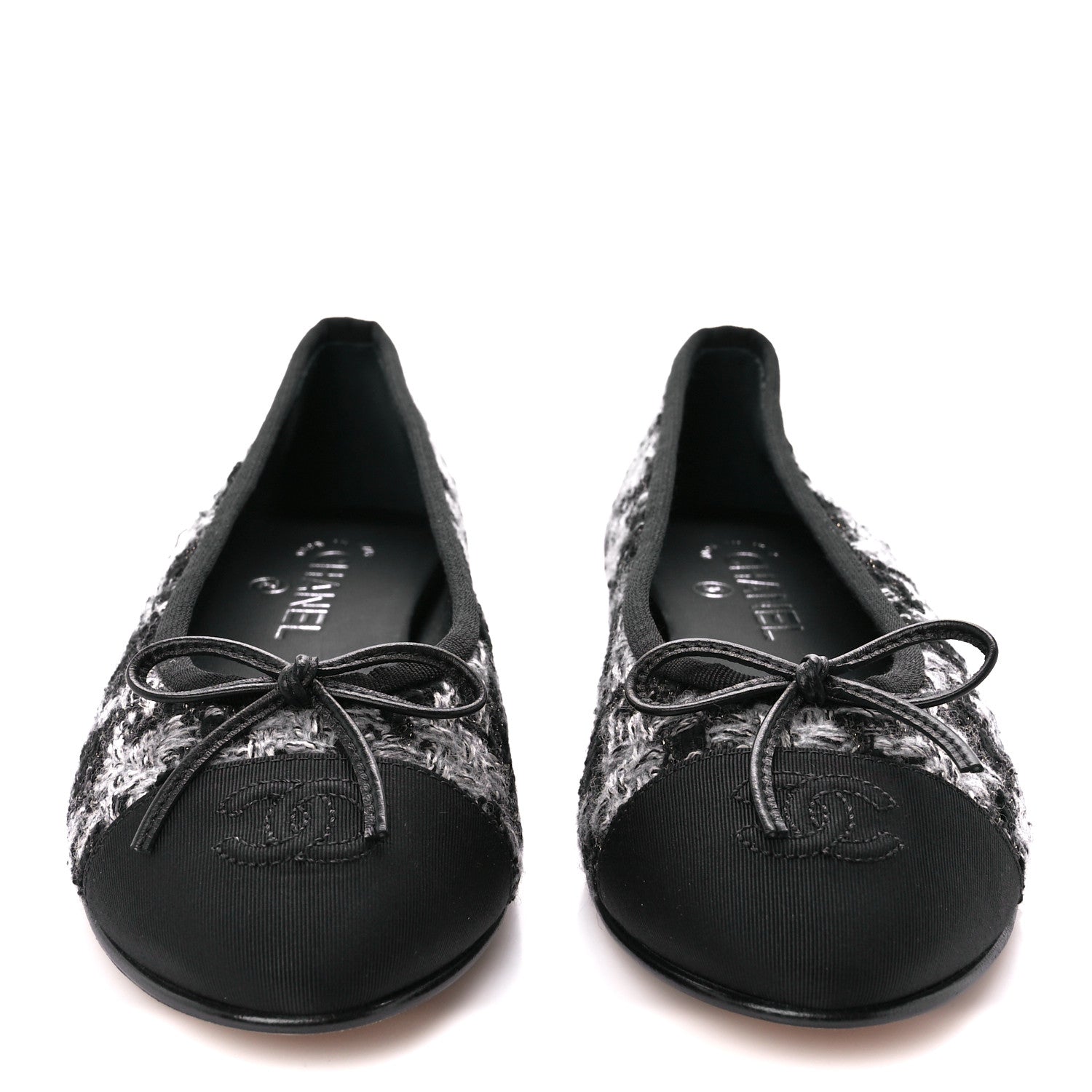 Chanel Tweed Grosgrain Cap Toe Ballerina Flats 38.5 Black White 2 of 8