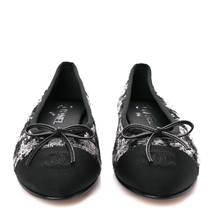 Chanel Tweed Grosgrain Cap Toe Ballerina Flats 38.5 Black White 2 of 8