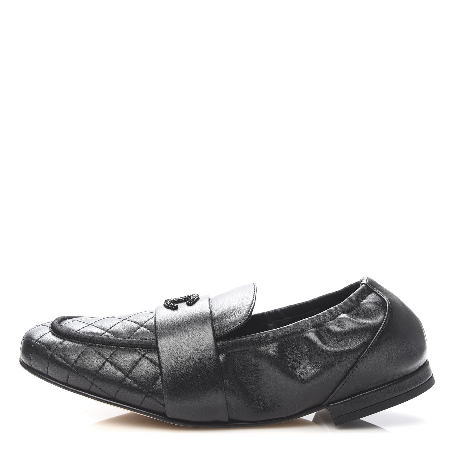 Chanel Laminated Lambskin Womens Quilted Elastic CC Moccasin Loafers 38.5 Black 1 of 9