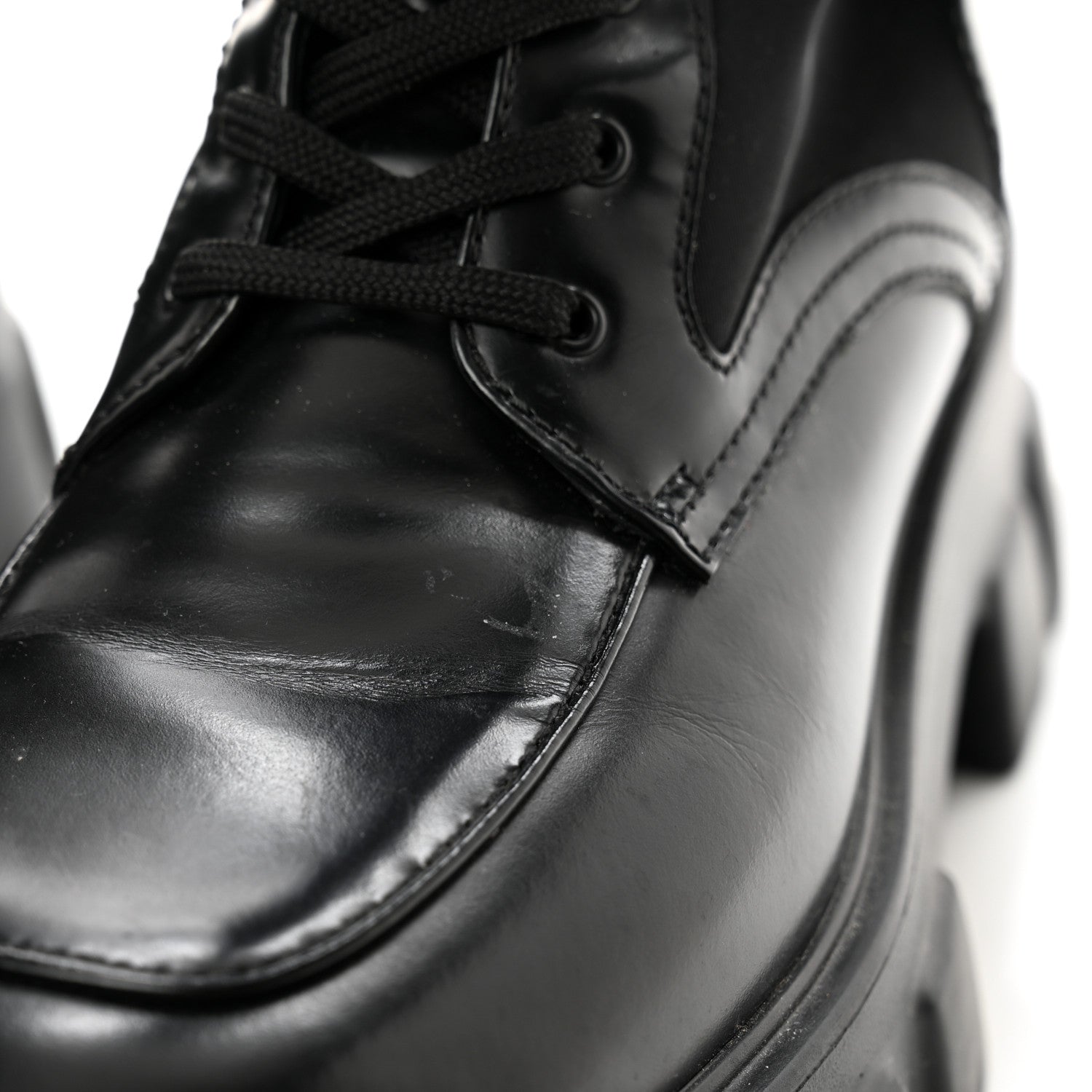 Prada Vitello Lux Nylon Metal Triangle Logo Monolith Pouch Pocket 55mm Tall Combat Boots 38.5 Black 8 of 11
