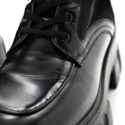 Prada Vitello Lux Nylon Metal Triangle Logo Monolith Pouch Pocket 55mm Tall Combat Boots 38.5 Black 8 of 11