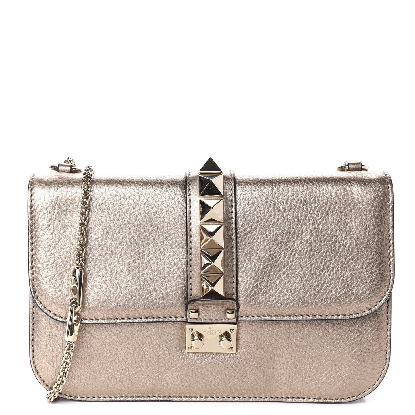 Metallic Grained Calfskin Medium Glam Lock Rockstud Flap Platino