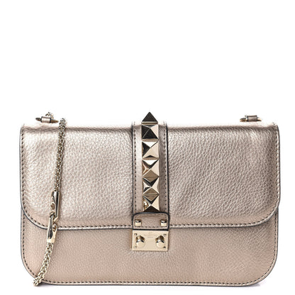 Valentino Garavani Metallic Grained Calfskin Medium Glam Lock Rockstud Flap Platino 1 of 9