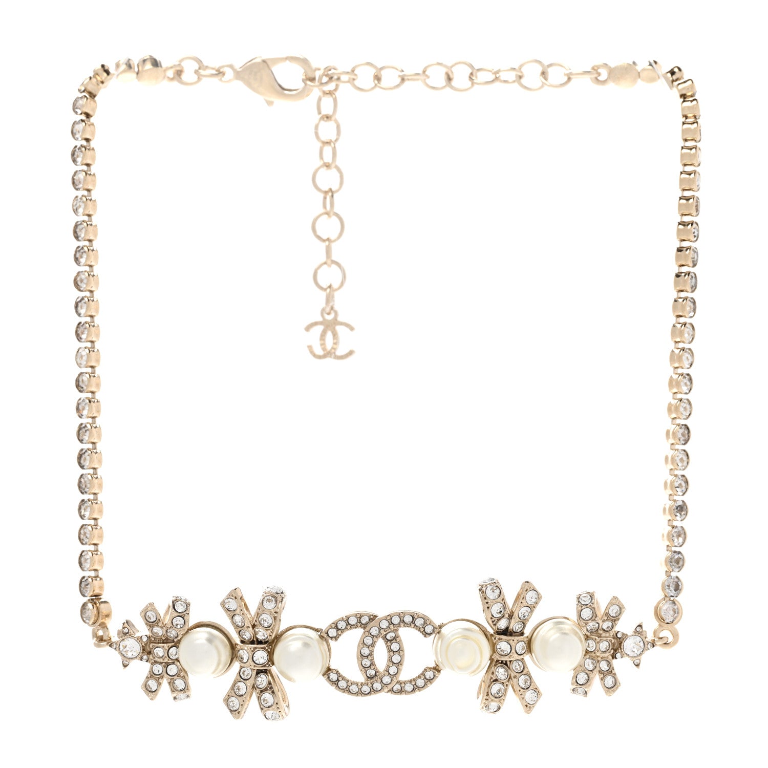 Chanel Pearl Crystal CC Bow Choker Necklace Gold 3 of 6