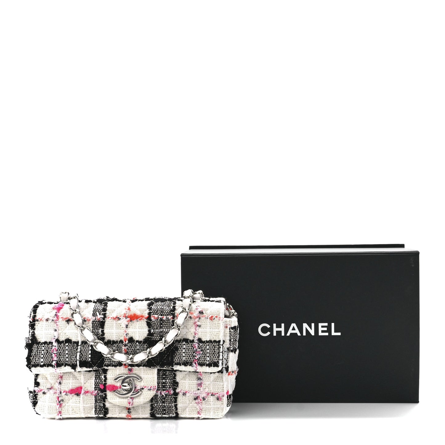Tweed Quilted Mini Rectangular Flap Black White Pink