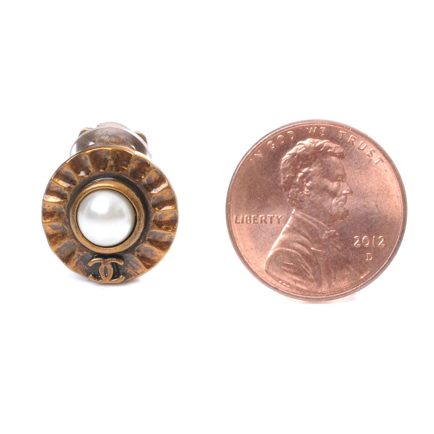 Faux Pearl CC Clip On Earrings Antique Bronze