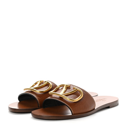Valentino Garavani Grainy Cowhide Vlogo Flat Slide Sandals 36 Cuoio 3 of 9
