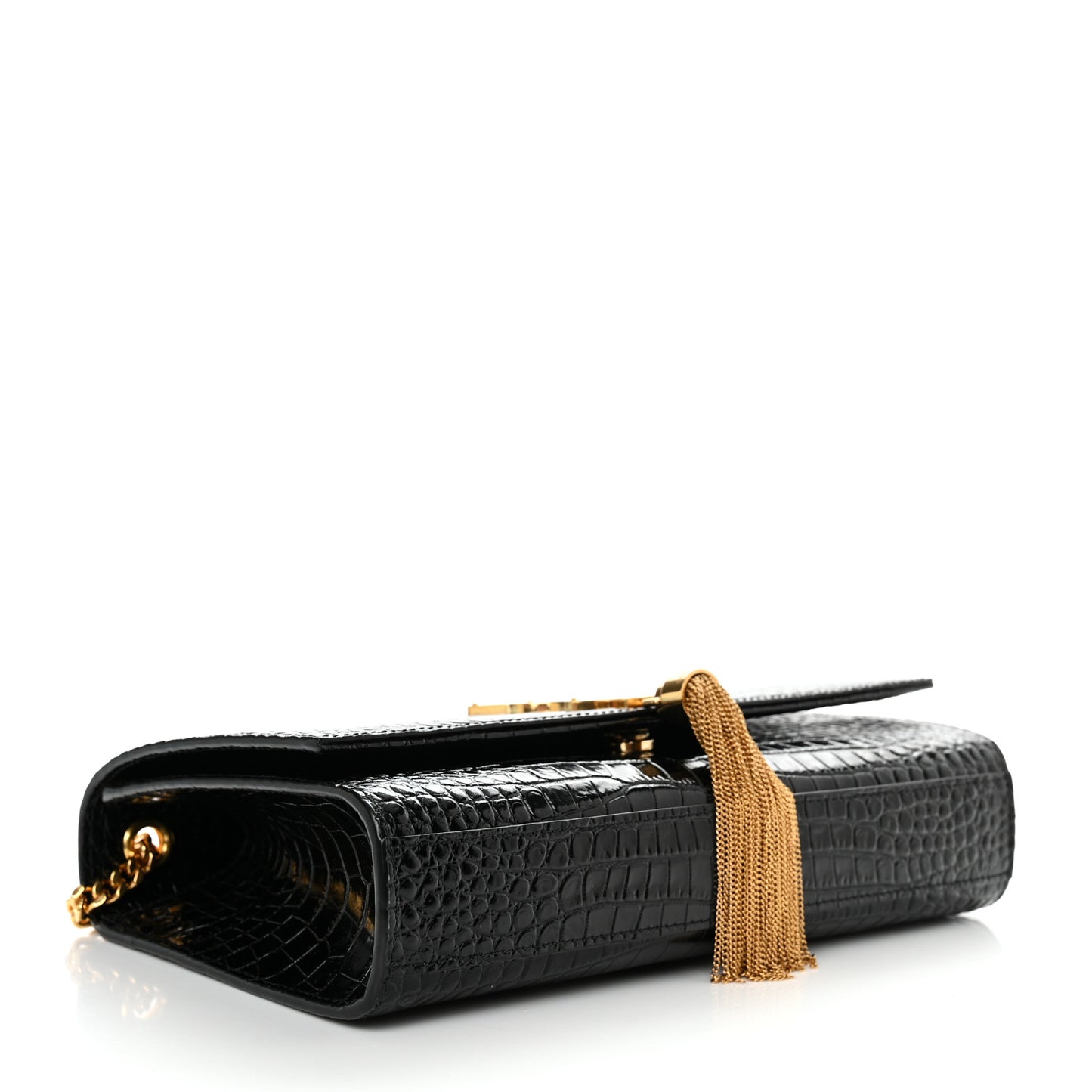 Calfskin Crocodile Embossed Medium Classic Monogram Kate Tassel Satchel Black