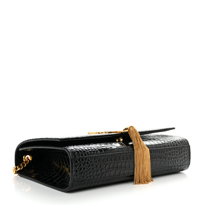 Saint Laurent Calfskin Crocodile Embossed Medium Classic Monogram Kate Tassel Satchel Black 4 of 10
