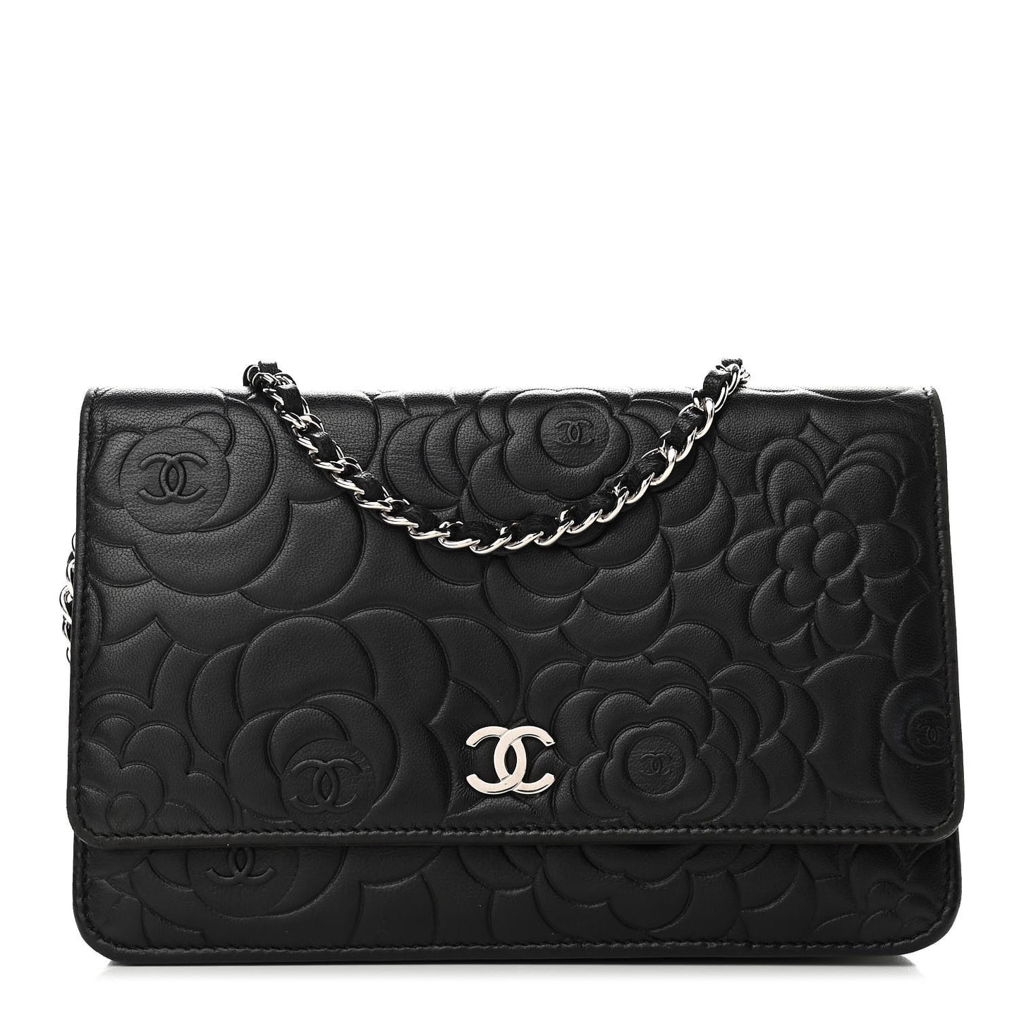 Lambskin Camellia Embossed Wallet on Chain WOC Black