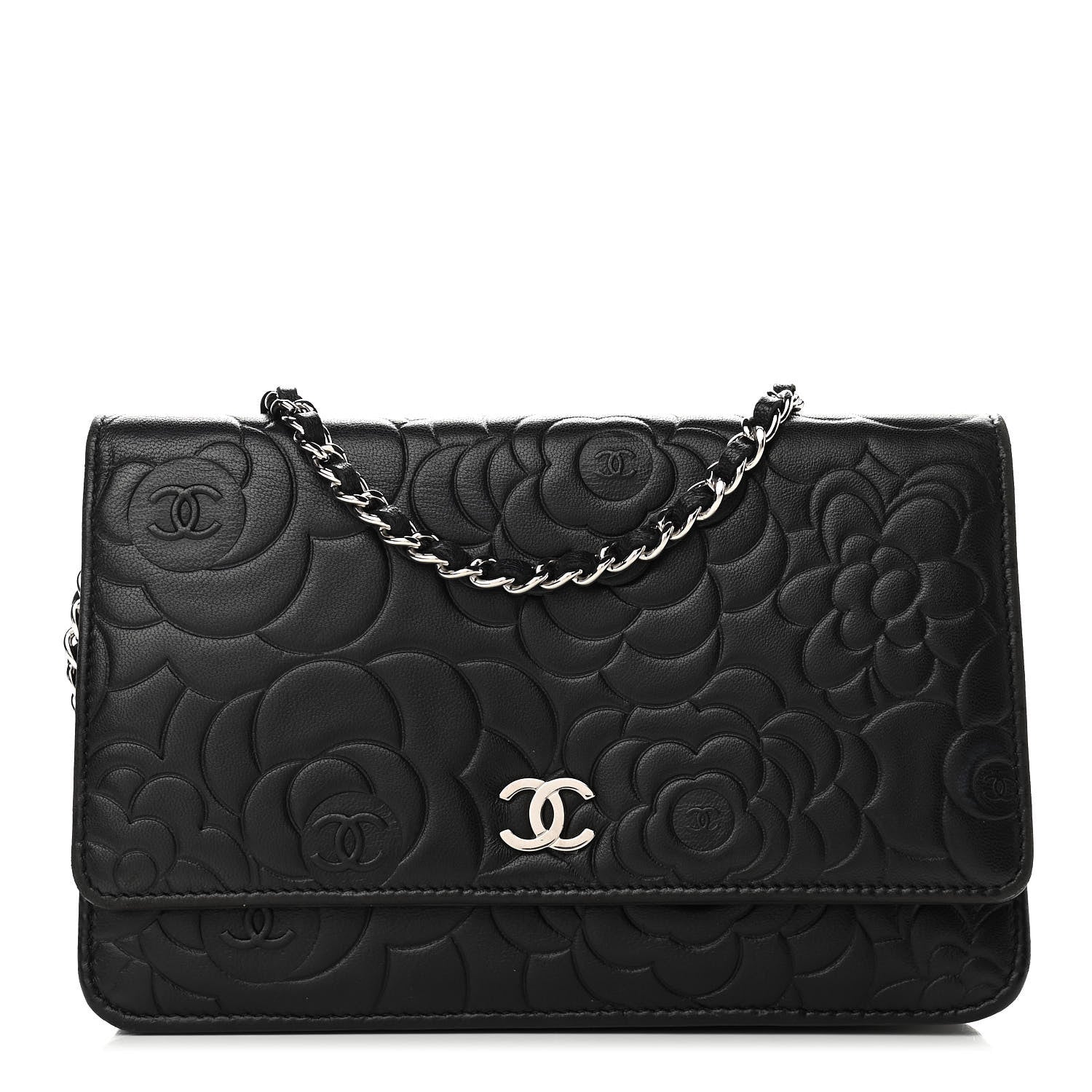 Chanel Lambskin Camellia Embossed Wallet on Chain WOC Black 1 of 11