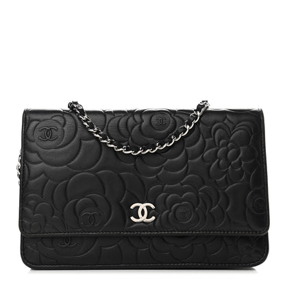 Chanel Lambskin Camellia Embossed Wallet on Chain WOC Black 1 of 11