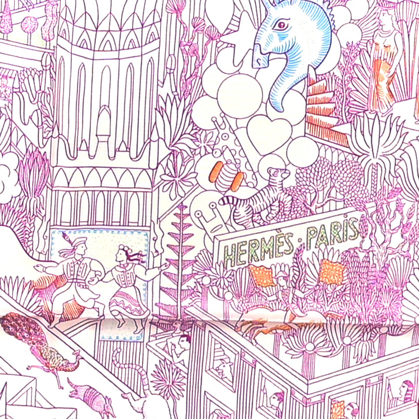 Silk Animapolis Scarf 90 White Fuchsia Multicolor
